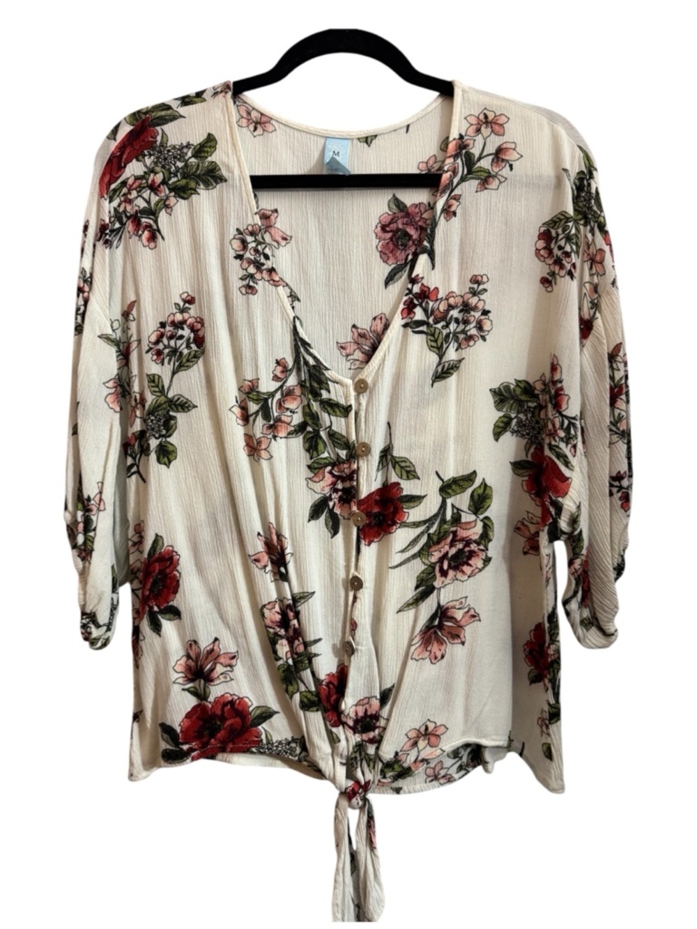 Floral Tie Front Blouse Size XL | Cream Red Flower Boho Top